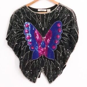 Vintage 80s Butterfly Silk Top Sequin Beaded Disco Retro Club Festival Size S